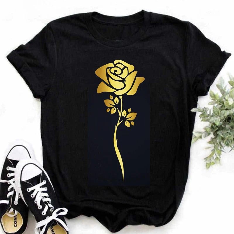 Maycaur New Fashion Gold Rose Print Women T Shirt Harajuku Short Sleeves Tshirts Casual O-Neck Top Tee Shirt Women Black T-Shirt