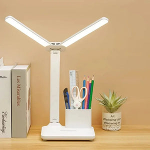 LED Desk Lamp USB Dimmable Touch Foldable Table Lamp with Calendar Temperature Clock Night Light for Study Reading Lamp